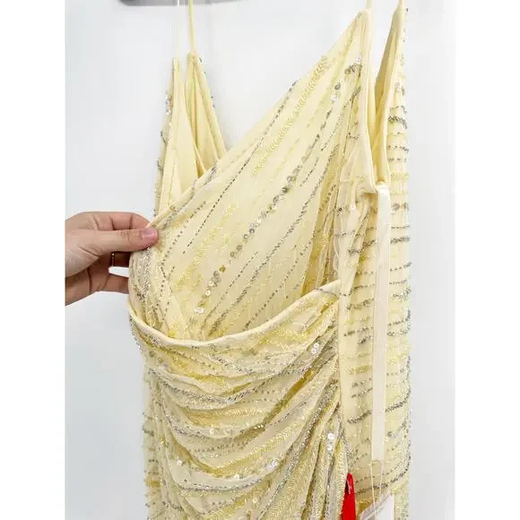 Mac Duggal 93733 Buttercream Yellow Beaded Sleeveless Faux Wrap Gown 16 Prom